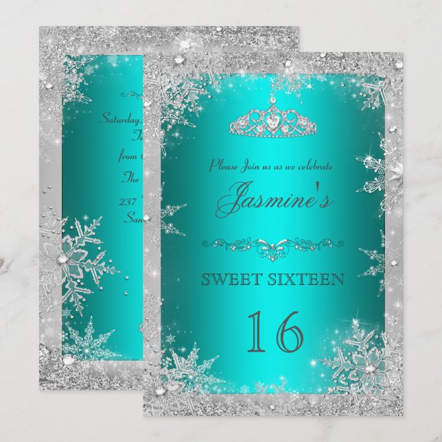 Silver Winter Wonderland teal söt 16 Inbjudan (Fram/baksida)