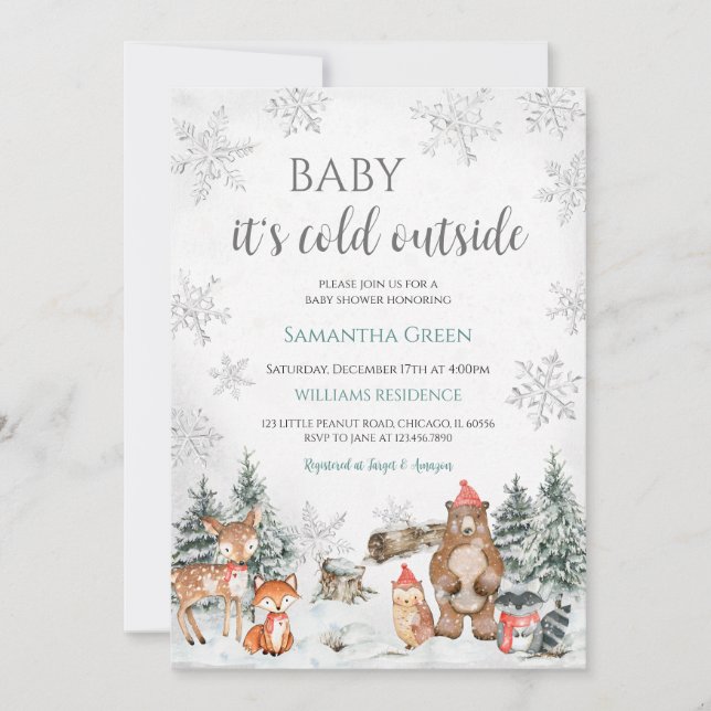 Silver Winter Woodland Baby Shower Inbjudningar (Framsida)