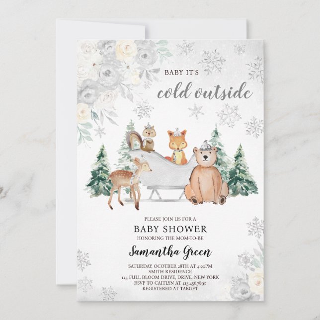 Silver Winter Woodland Baby Shower Inbjudningar (Framsida)