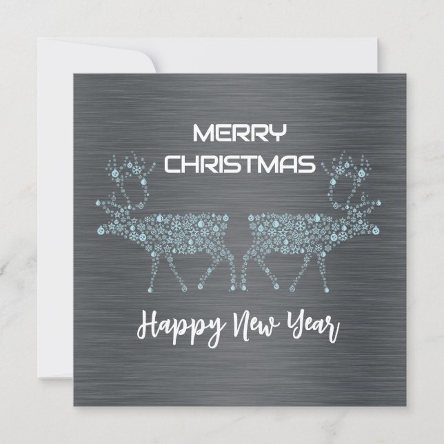 Silver wish card Christmas new year blue reindeer Julkort (Framsida)