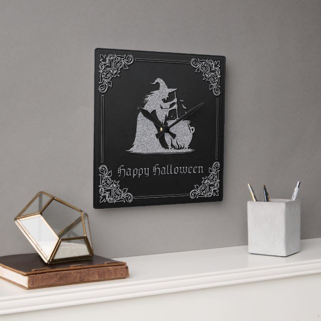 Silver Witch & Cauldron Halloween Fyrkantig Klocka (Kontor)