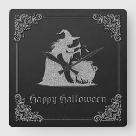 Silver Witch & Cauldron Halloween Fyrkantig Klocka