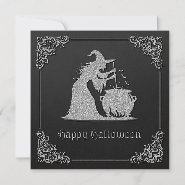 Silver Witch & Cauldron Halloween Inbjudningar (Framsida)