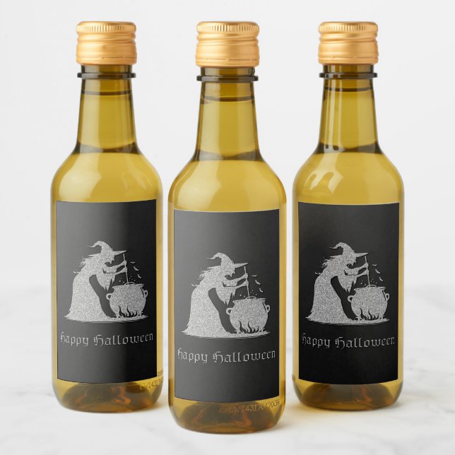 Silver Witch & Cauldron Halloween Vinetikett (Flaskor)