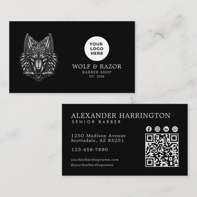 Silver Wolf Professional Barber Shop Logotyp Qr-ko Visitkort (Fram/baksida)