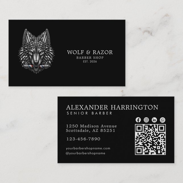 Silver Wolf Professional Barber Shop Qr-kod Visitkort (Fram/baksida)