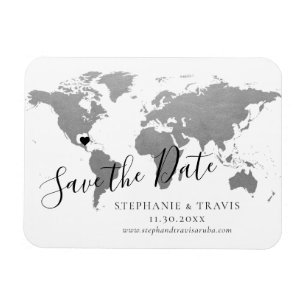 Silver World Map Destinationsbröllop Spara datum Magnet