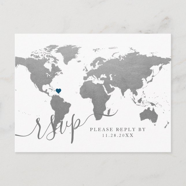 Silver World Map Heart Destination OSA Postcard Helg Vykort (Framsida)