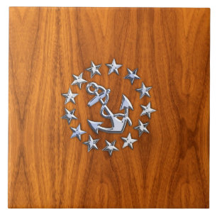 Silver Yacht-Flagga på Nautical Teak Wood Print Kakelplatta