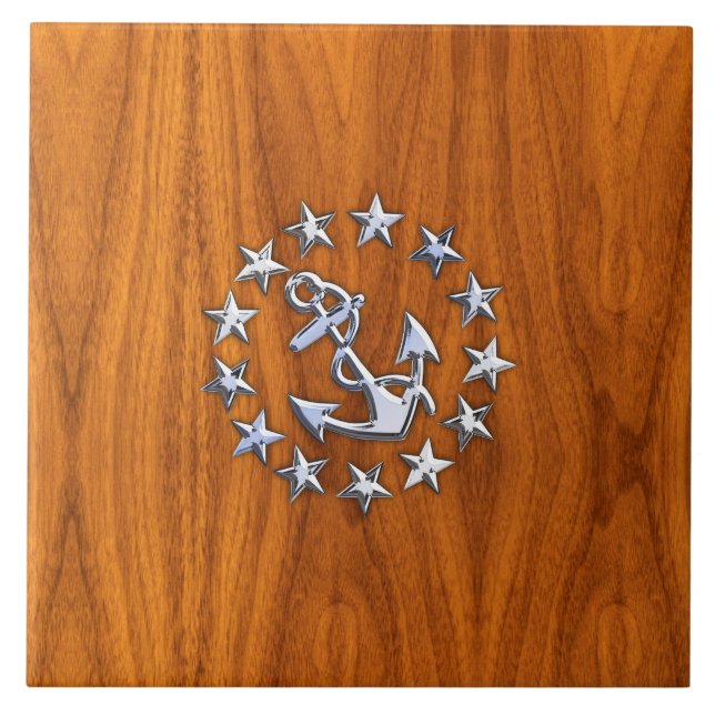 Silver Yacht-Flagga på Nautical Teak Wood Print Kakelplatta (Framsidan)