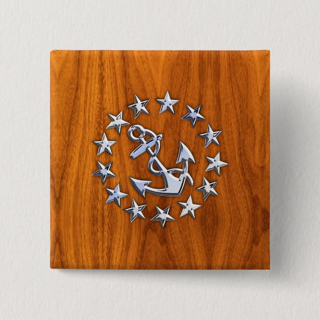 Silver Yacht-Flagga på Nautical Teak Wood Print Knapp (Framsida)
