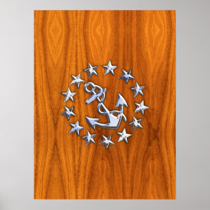 Silver Yacht-Flagga på Nautical Teak Wood Print Poster