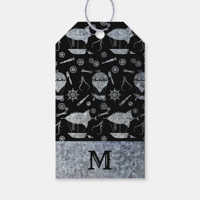 Silver Zinc Steampunk Airships Monogram Presentetikett (Framsidan)