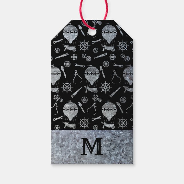 Silver Zinc Steampunk Ballok Monogram Presentetikett (Framsidan)