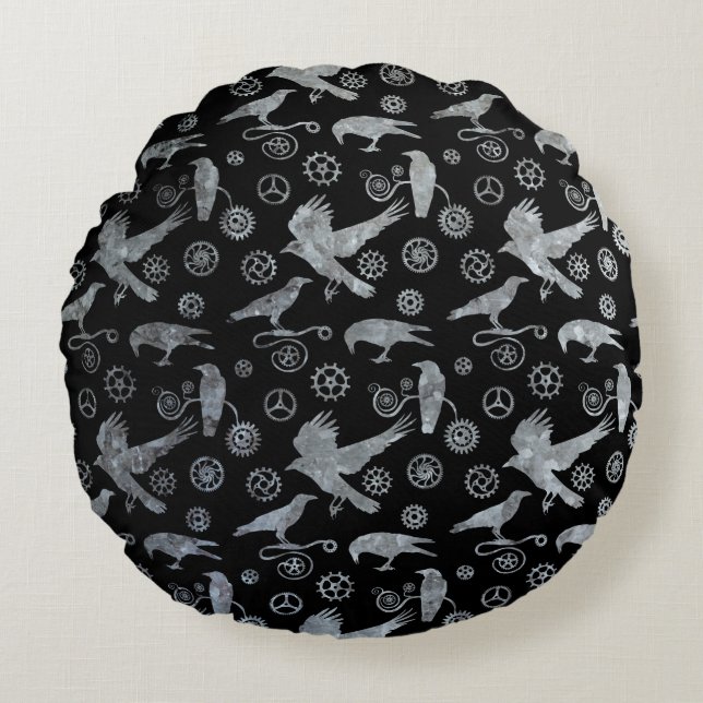 Silver Zinc-växlar och Kråkor Steampunk Rund Kudde (Framsidan)