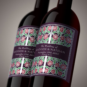 Silvera Aubergine Royal Blommig Svärd Bröllop Vinflaska Etikett