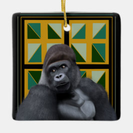 Silverback Gorilla Gult och Grönt Geometric Julgransprydnad Keramik