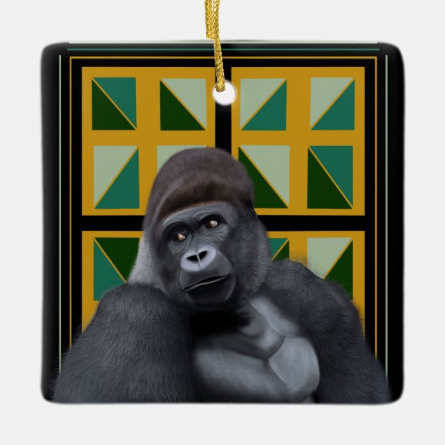 Silverback Gorilla Gult och Grönt Geometric Julgransprydnad Keramik (Framsida)