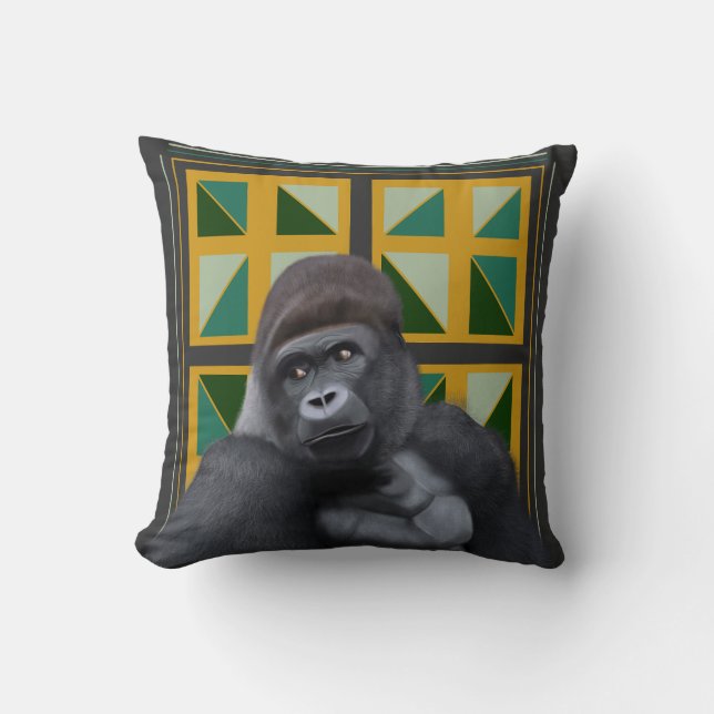 Silverback Gorilla Gult och Grönt Geometric Kudde (Framsida)