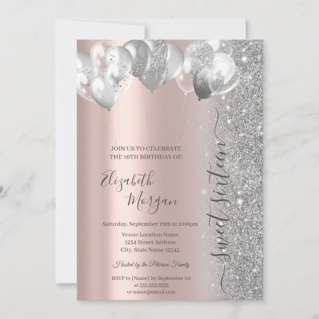 Silverballonger Glitter Rosa Guld Sweet 16 Inbjudningar (Framsida)