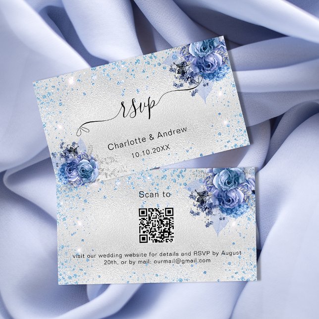 Silverblå blomsterbröllopswebbplats RSVP QR-kod Tilläggskort (Skapare uppladdad)