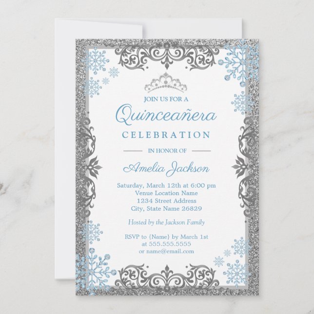 Silverblå Glittrande Snöflinga Quinceanera Inbjuda Inbjudningar (Framsida)