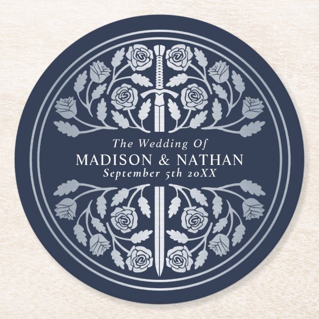 Silverblå kunglig medeltida svärdsbröllop underlägg papper rund (Framsidan)