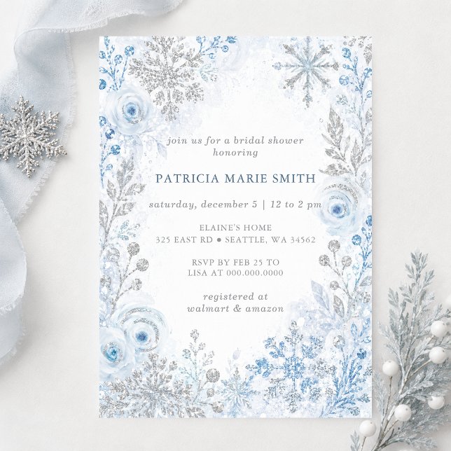 Silverblå Snöflingor Blommig Vinter Bröllopsdusch Inbjudningar (Silver Blue Snowflakes Floral Winter Bridal Shower Invitation)