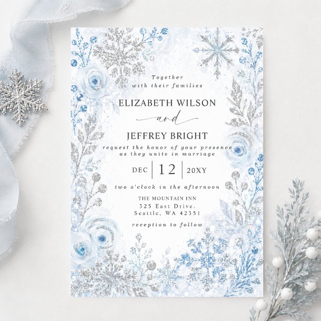 Silverblå Snöflingor Blommig Vinterbröllop Inbjudningar (Silver Blue Snowflakes Floral Winter Wedding Invitation)