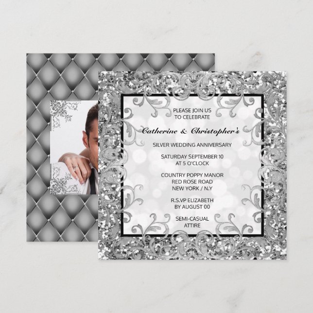 Silverblommig virvlande glitter fyrklöver DIY foto Inbjudningar (Fram/baksida)