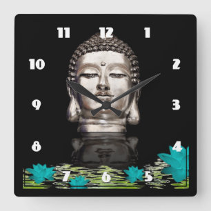 SilverBuddha Head staty Fyrkantig Klocka