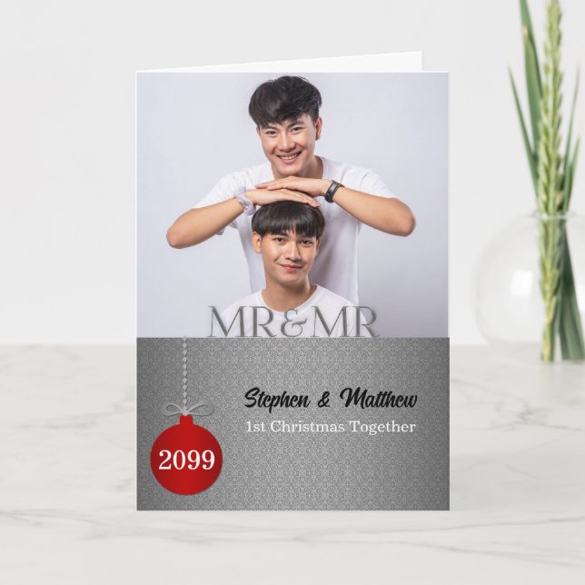 Silverdamask Herr och Herr 1:a julen Foto Helgkort (Framsida)