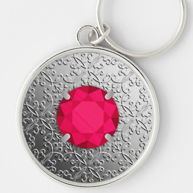 Silverdamask med en falsk rubin ädelsten rund silverfärgad nyckelring (Framsidan)