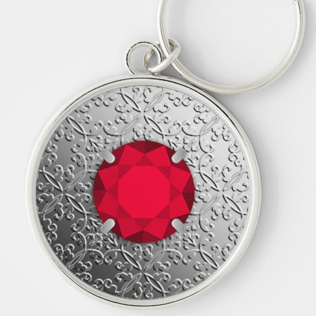 Silverdamast med en fauxgranatröttgemstone rund silverfärgad nyckelring (Framsidan)