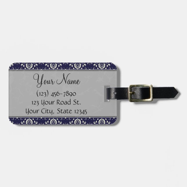 Silverdamast på blått med randar och monogramen bagagebricka (Horisontell Framsida)