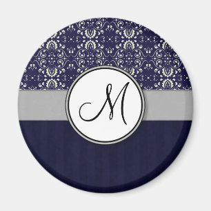 Silverdamast på blått med randar och monogramen magnet