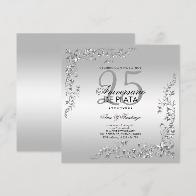 Silverdekoration 25-års bröllopsdag inbjudningar (Fram/baksida)
