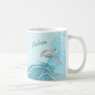 Silverdelfiner Våg Kust Din Namn Kaffemugg