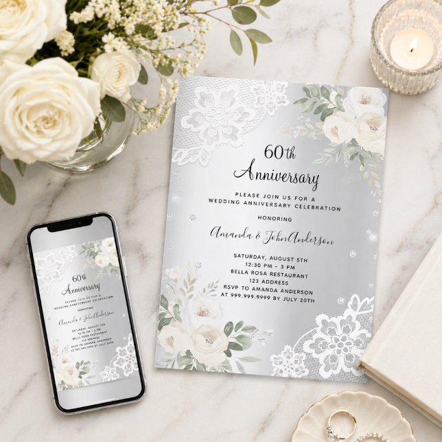 Silverdiamanter blommor 60-års bröllopsjubileum inbjudningar (Skapare uppladdad)