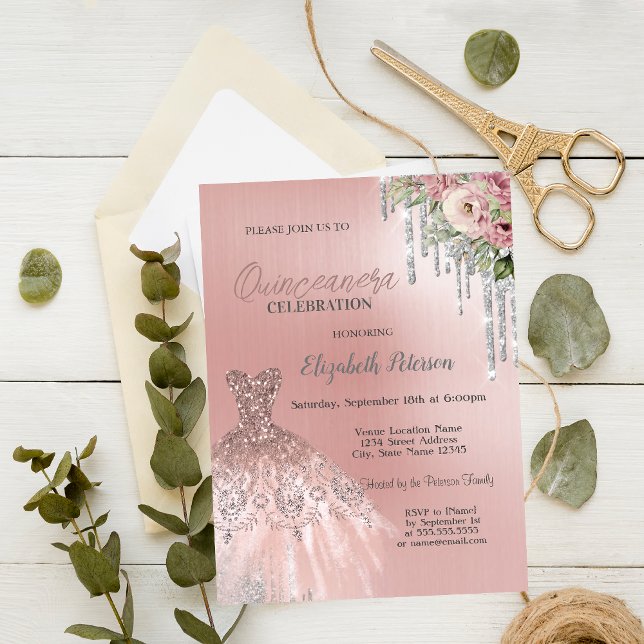 Silverdropar, klänning blommor Rosa Quinceanera  Inbjudningar (Skapare uppladdad)