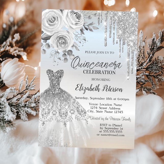 Silverdropp, Klänningsrosor Silver Quinceanera Inbjudningar (Skapare uppladdad)