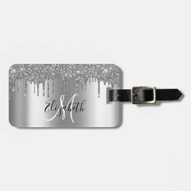 Silverdroppar Glittrande Metallmonogram Bagagebricka (Horisontell Framsida)