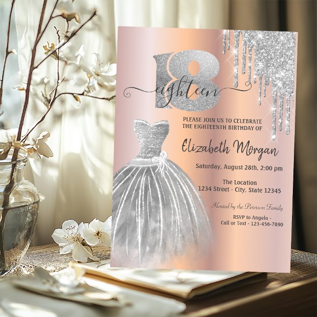 Silverdropppar Glitterklänning Roséguld 18-årsdag Inbjudningar (Skapare uppladdad)