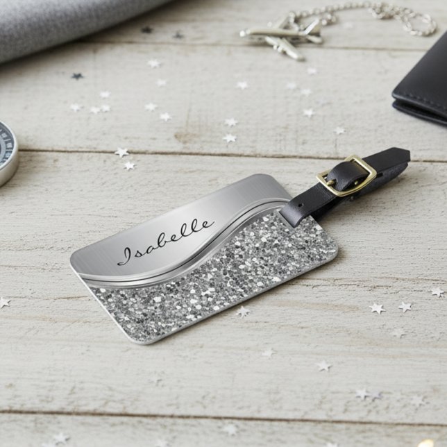Silverfärgad glitter glamour personlig metall bagagebricka (Skapare uppladdad)