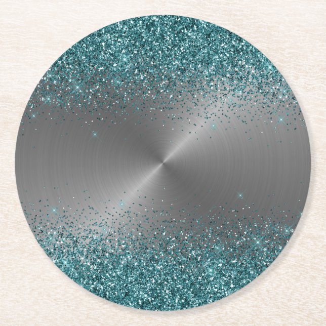 Silverfärgad metallglitter teal cirkulär metallisk underlägg papper rund (Framsidan)