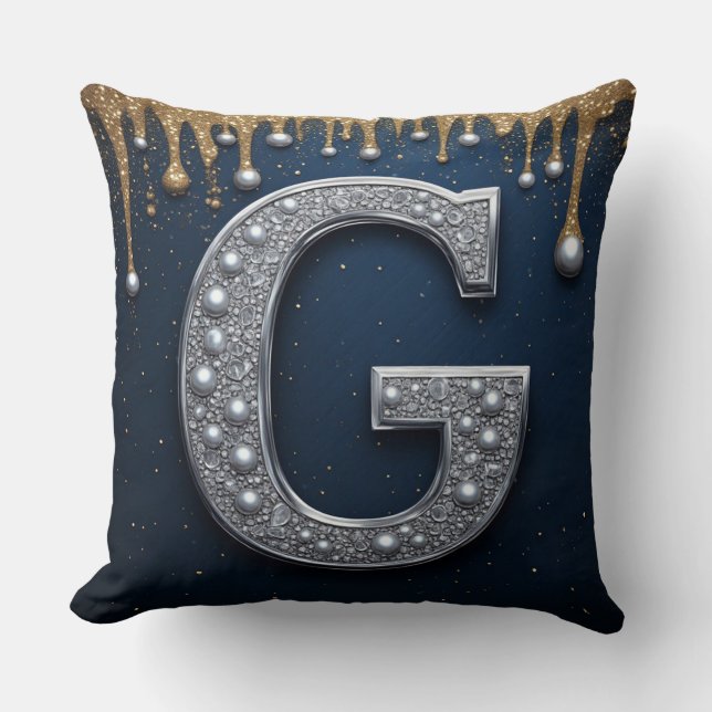 Silverfärgad monogrambokstav G Marin Guld Droppand Kudde (Framsida)