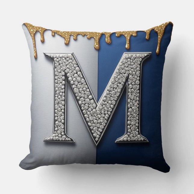 Silverfärgad monogrambokstav M Marin Guld Droppand Kudde (Framsida)