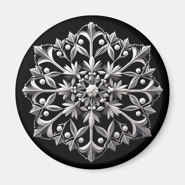 Silverfärgad snöflinga på svart magnet (Framsidan)