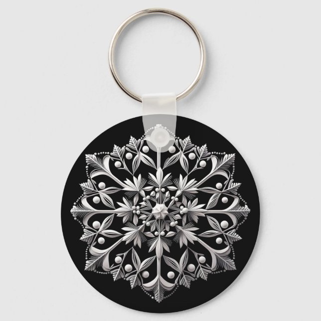 Silverfärgad snöflinga på svart nyckelring (Framsida)