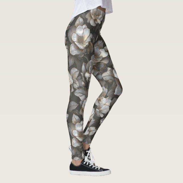 Silverfärgade Kvinnor Aktivt Kläder Gardenias Blom Leggings (Höger)